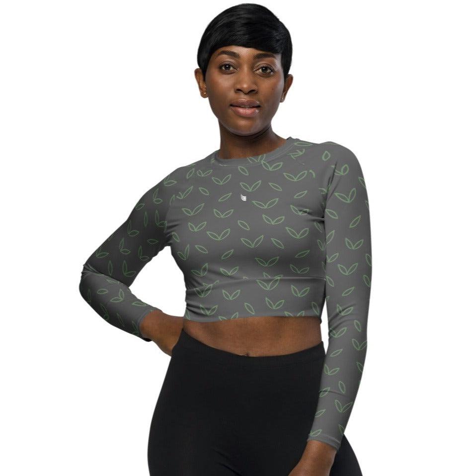 Long-sleeve crop top. Grey, green leaf - BURN Athletic