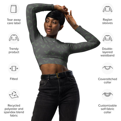 Long-sleeve crop top. Grey, green leaf - BURN Athletic