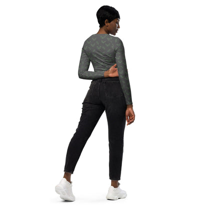 Long-sleeve crop top. Grey, green leaf - BURN Athletic