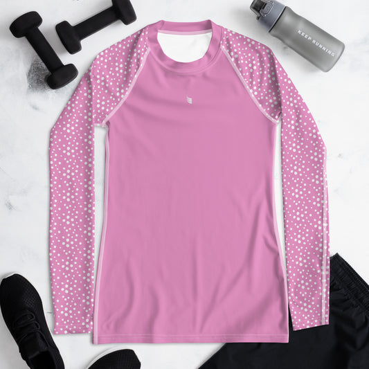 Women's Rash Guard. Pink with White spot print on arms - BURN Athletic