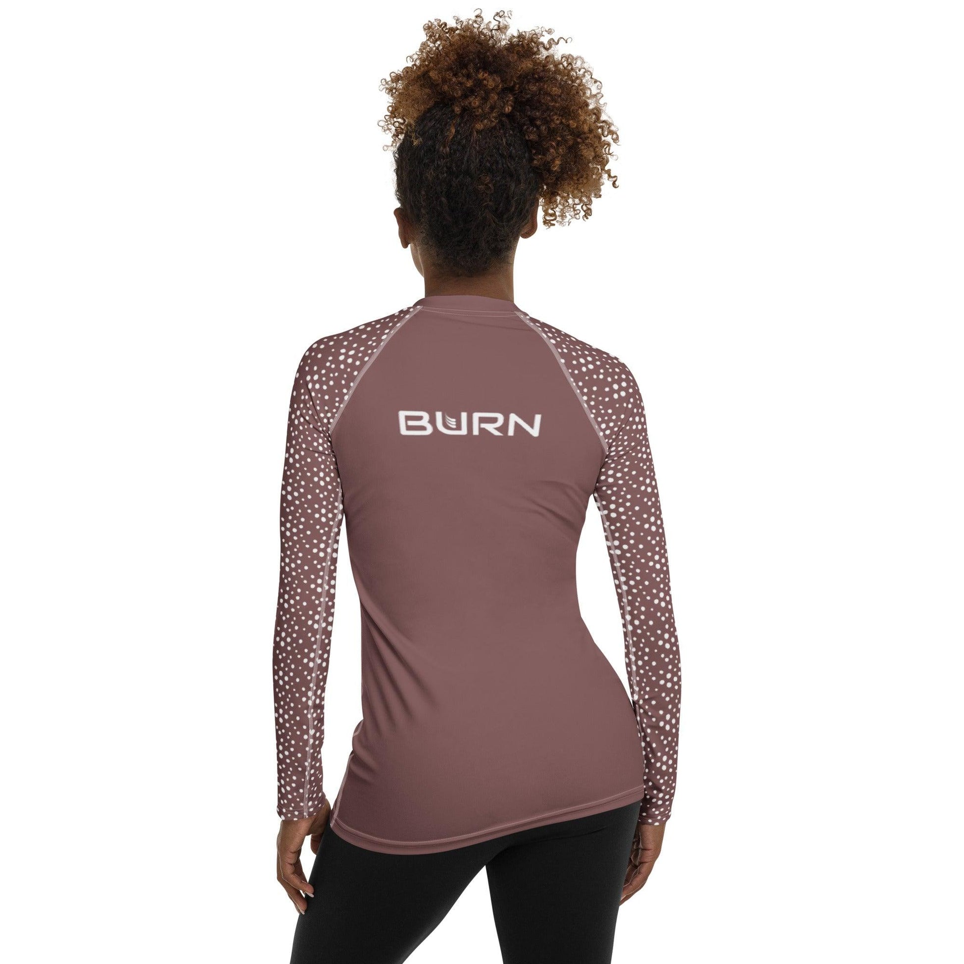 Women's Rash Guard. Wood with White spot print on arms - BURN Athletic