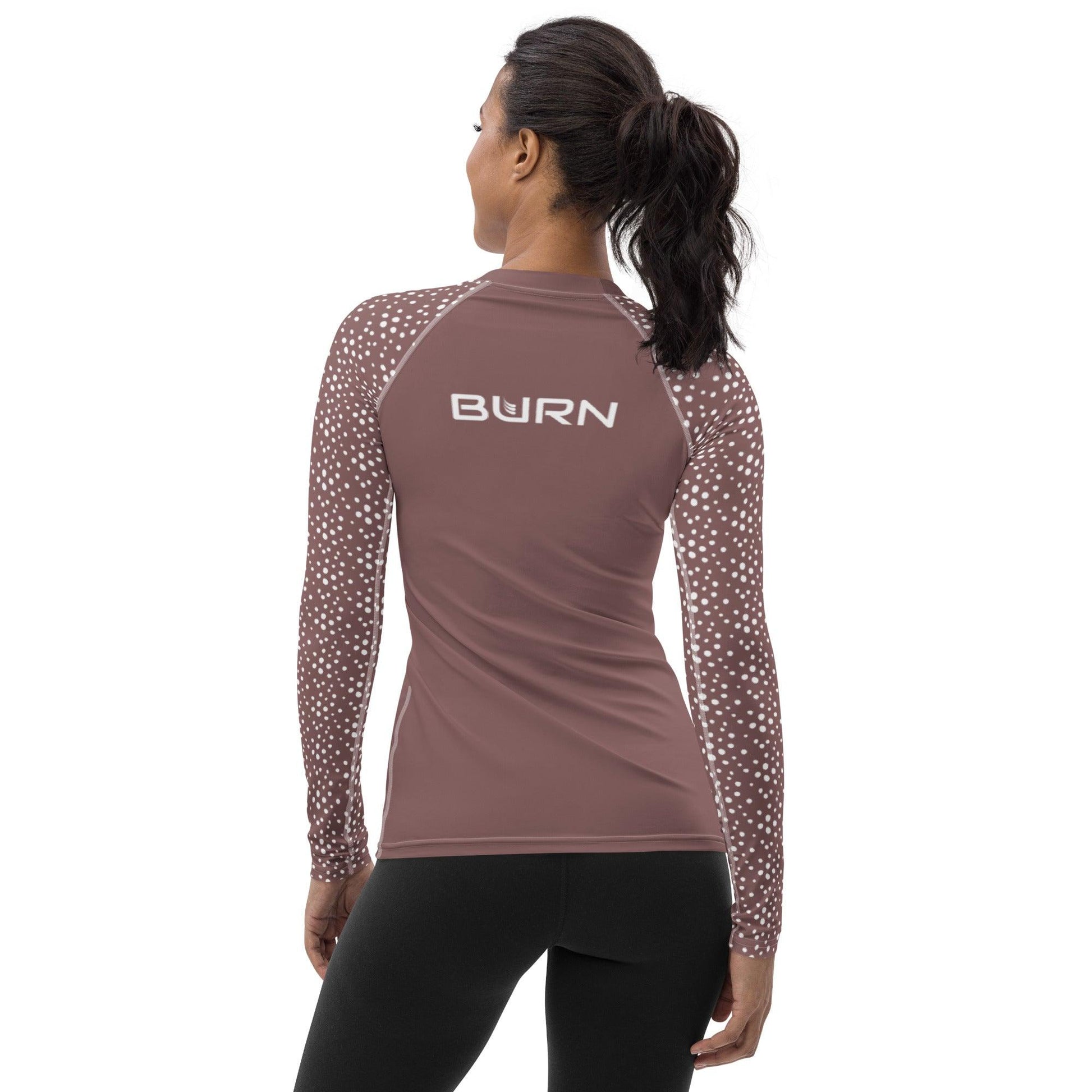 Women's Rash Guard. Wood with White spot print on arms - BURN Athletic