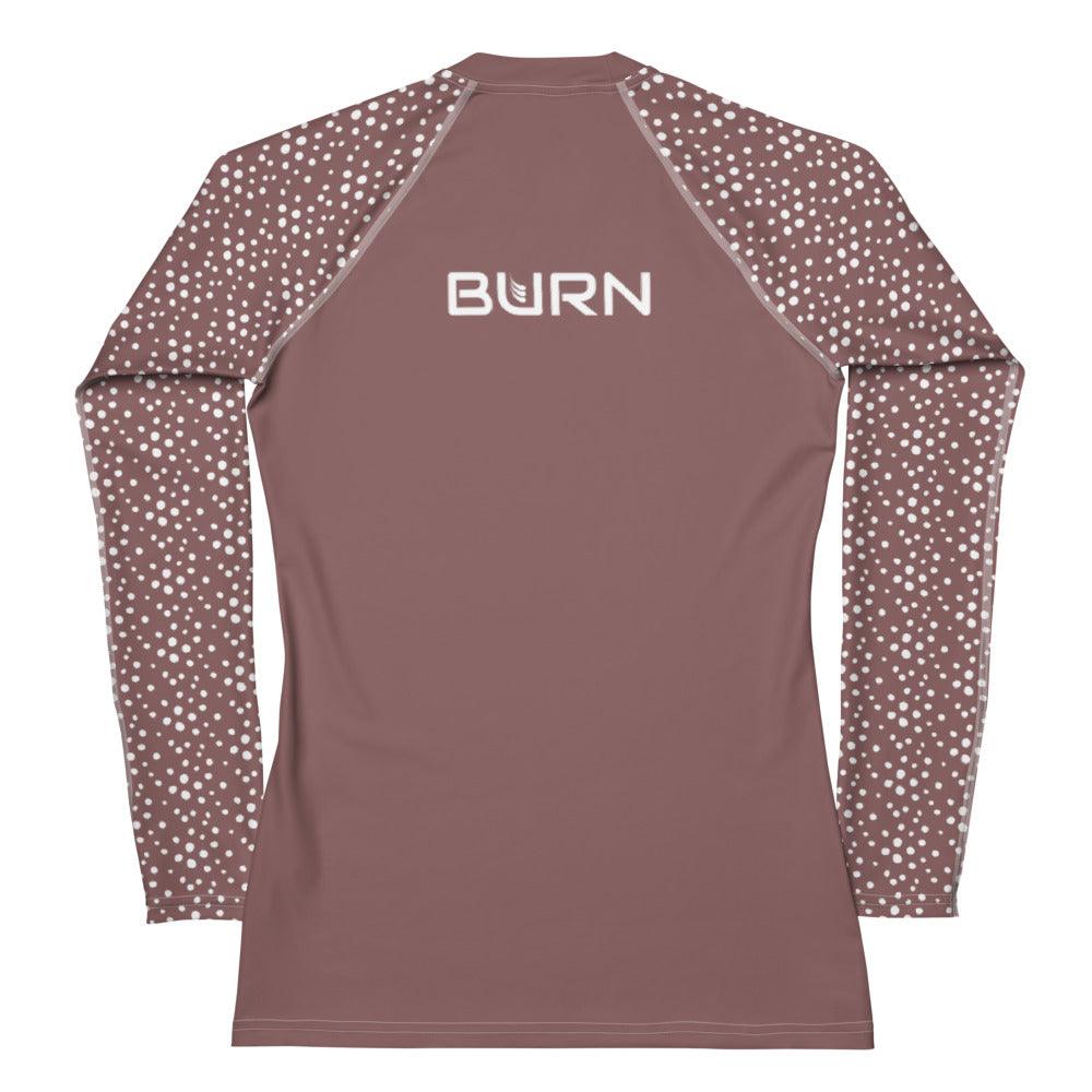 Women's Rash Guard. Wood with White spot print on arms - BURN Athletic