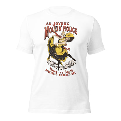 Moulin Rouge vintage unisex t-shirt with French cabaret graphic design on white fabric.