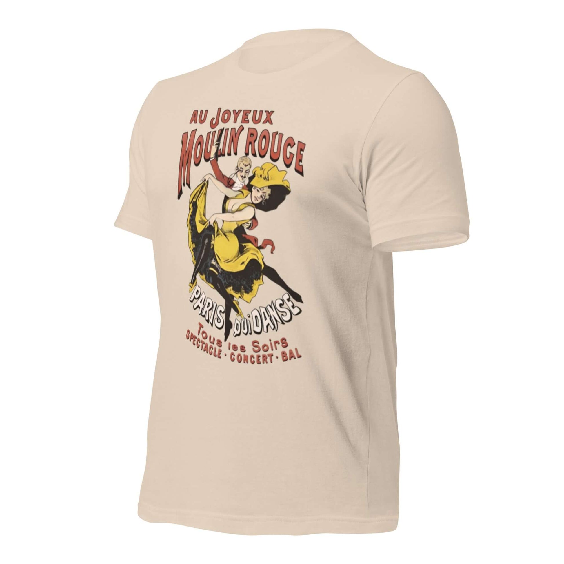 Moulin Rouge vintage unisex T-shirt with French dancer print on beige fabric