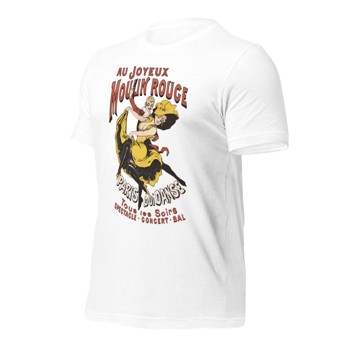 Moulin Rouge vintage unisex t-shirt with French cabaret design in yellow and red tones on a white background