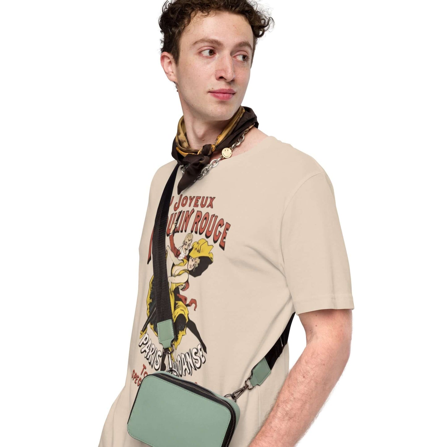 Person wearing a Moulin Rouge vintage unisex t-shirt with a scarf and crossbody bag.