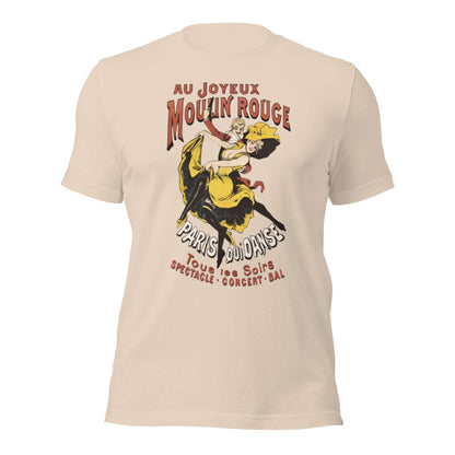 Moulin Rouge vintage unisex t-shirt with French flair, featuring vibrant Parisian artwork and whimsical design.