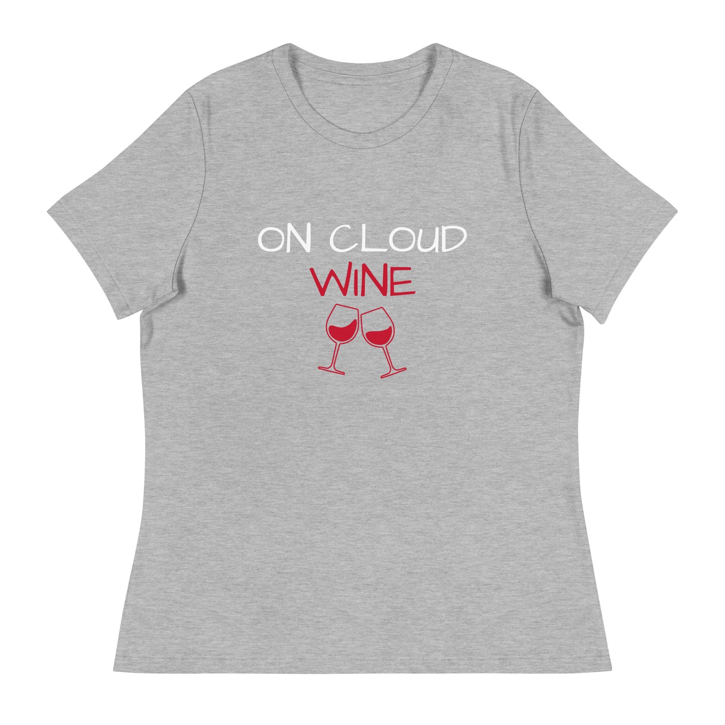 Women's relaxed T-shirt with 'On Cloud Wine' text and wine glass graphic, perfect for lounging or casual wear.