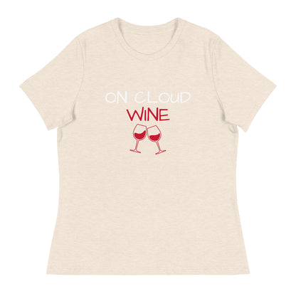 Women's Relaxed T-Shirt, On Cloud Wine design, featuring two wine glasses, perfect for casual wear and lounging.